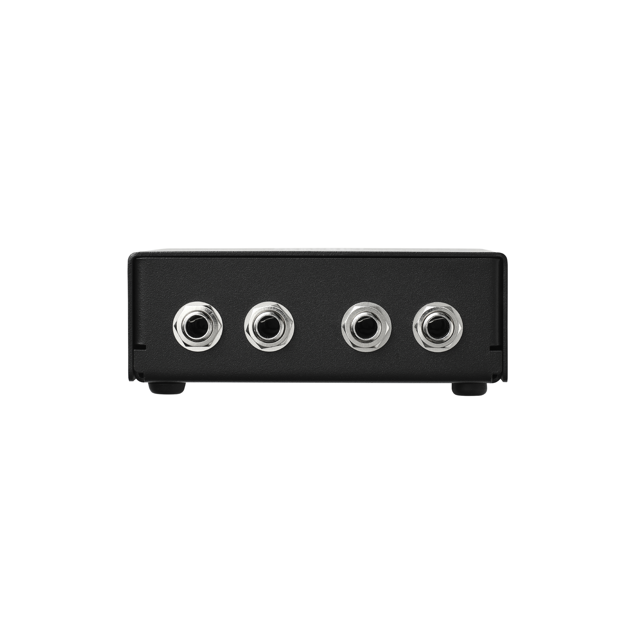 Black electronic device with four circular ports on a white background