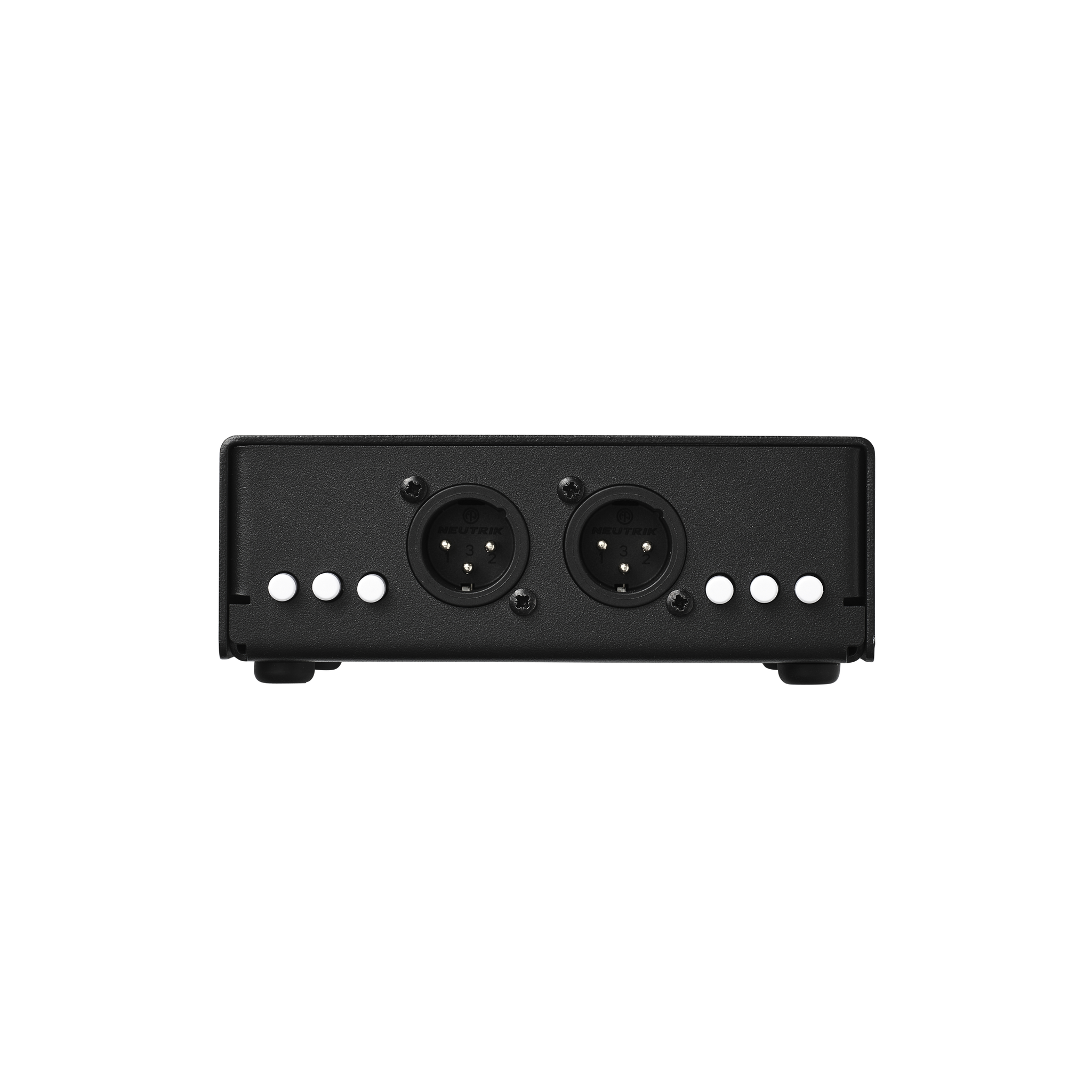 Black electronic device with two circular ports on a white background