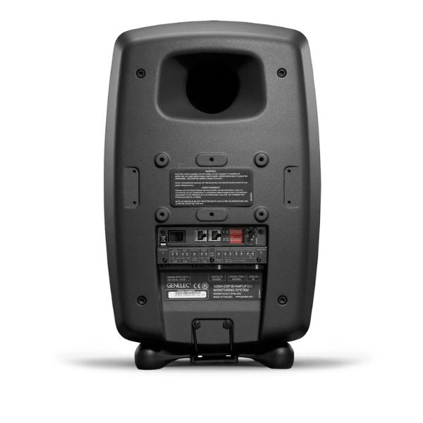 Back view of a black speaker on a white background