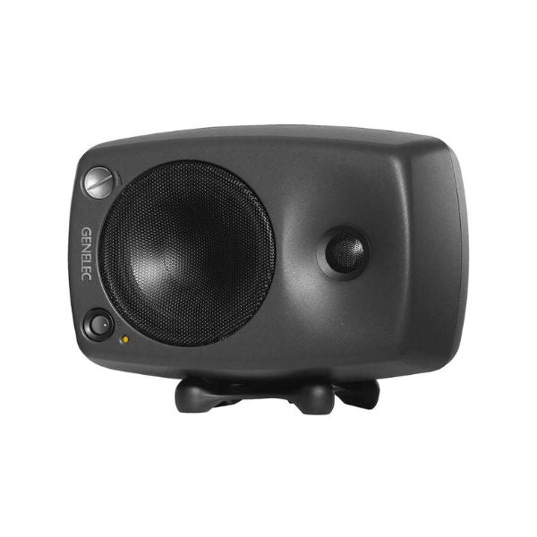 Black studio monitor speaker with Genelec branding on a white background