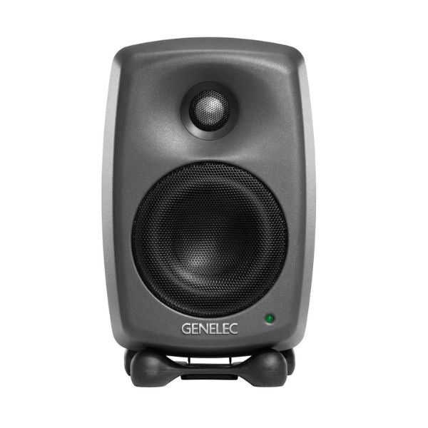 Gray studio monitor speaker with Genelec branding on a white background