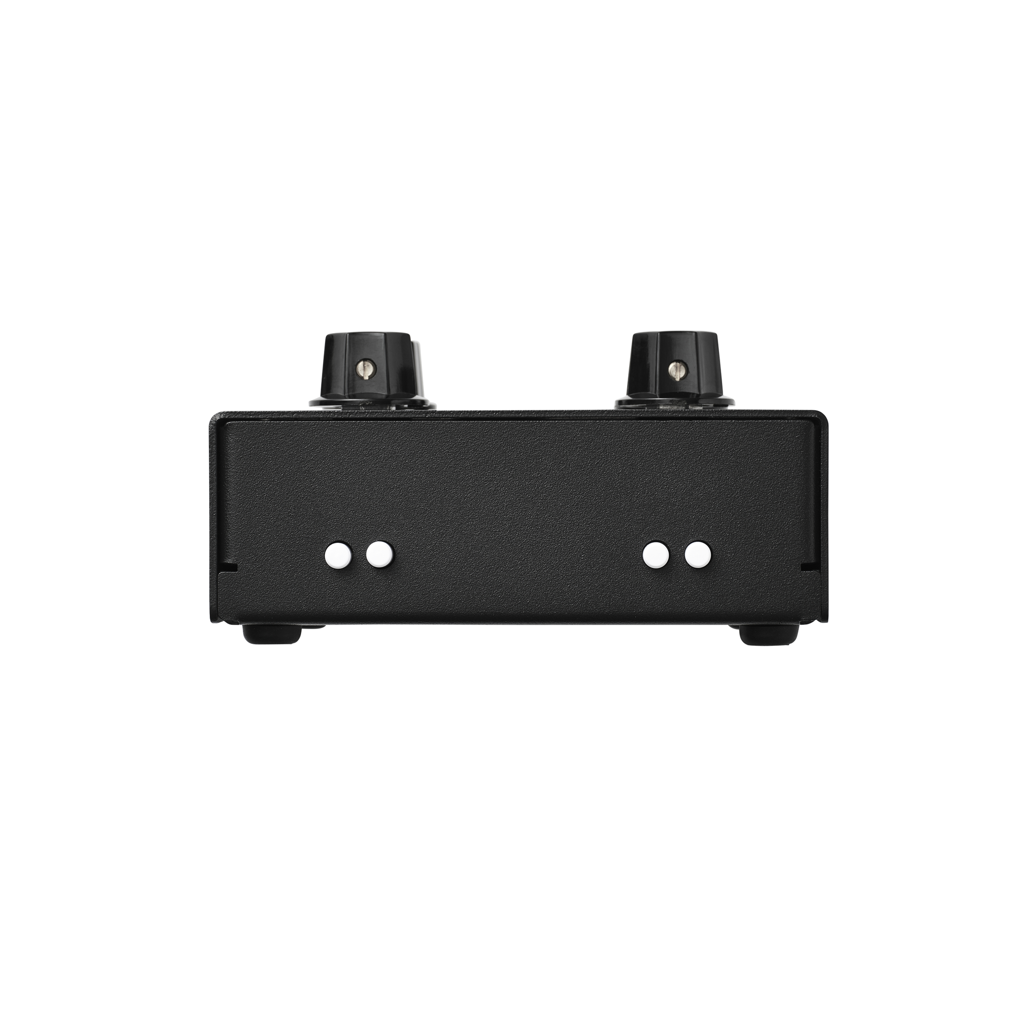 Black electronic device with two knobs on a white background