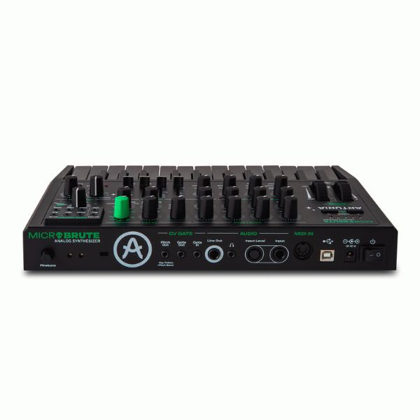 Analog synthesizer with control knobs and display on a white background