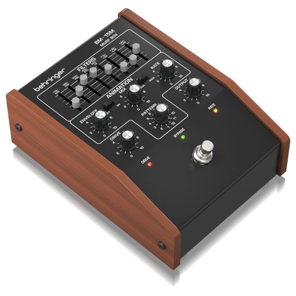 Audio mixer with wooden casing and control knobs on a white background