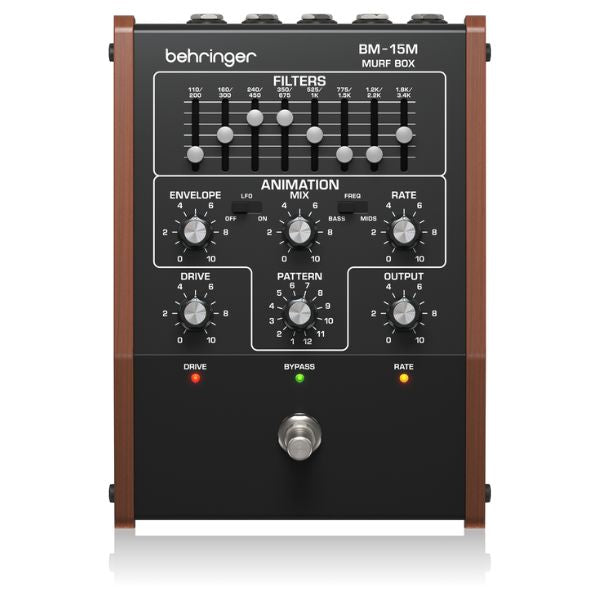 Behringer BM-15M Murf Box audio effects pedal with various knobs and labels on a white background