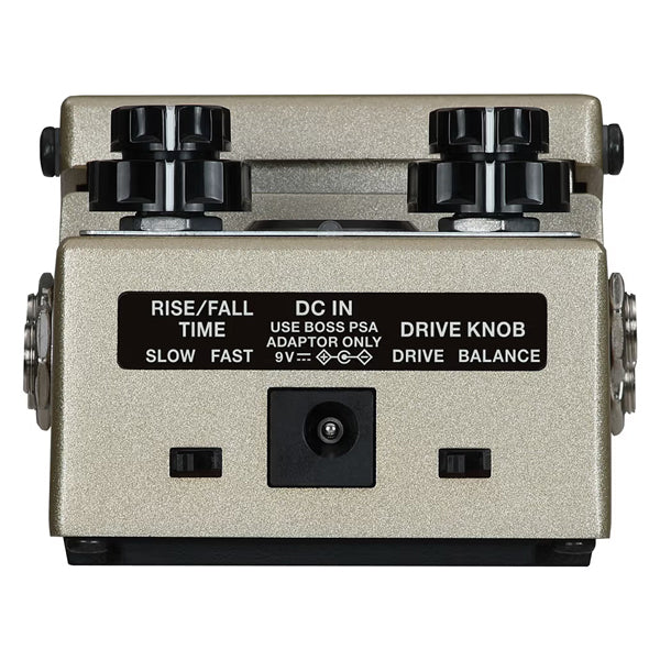 Guitar effects pedal with control knobs and labeled ports on a white background