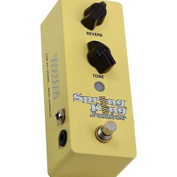 Yellow guitar effects pedal with 'Spring King Junior' branding on a white background