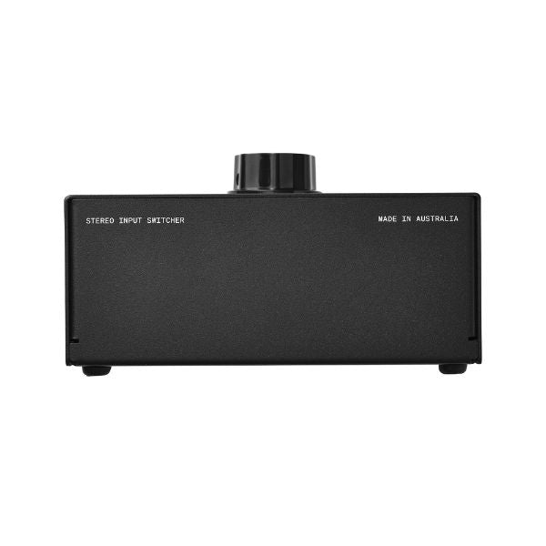 Black audio switcher with 'Made in Australia' text on a white background
