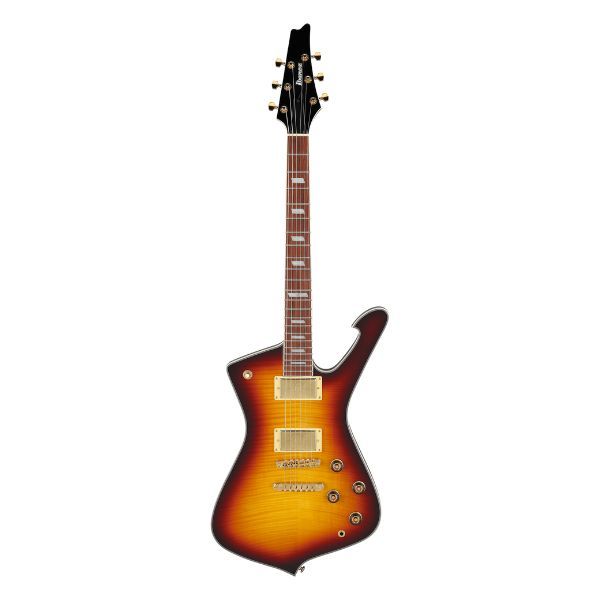 A front view photo of an Ibanez Iceman electric guitar in violin sunburst finish, featuring a chrome bottle opener attached to the headstock.