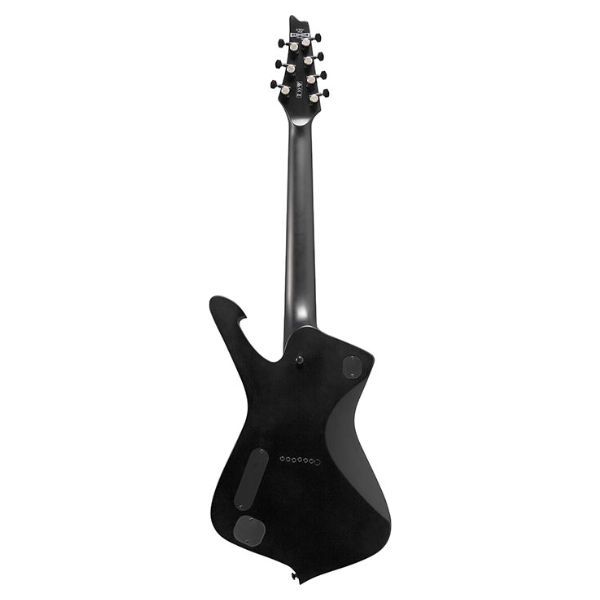 Back view of a black flat Ibanez ICTB721-BKF Iceman 7-string guitar, showcasing its distinctive angular design