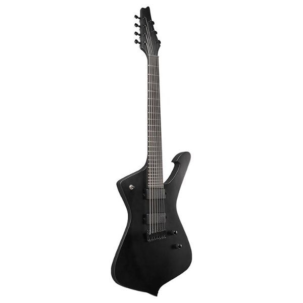 An angled view of the front of the Ibanez ICTB721-BKF Iceman 7-String with a black flat finish. 