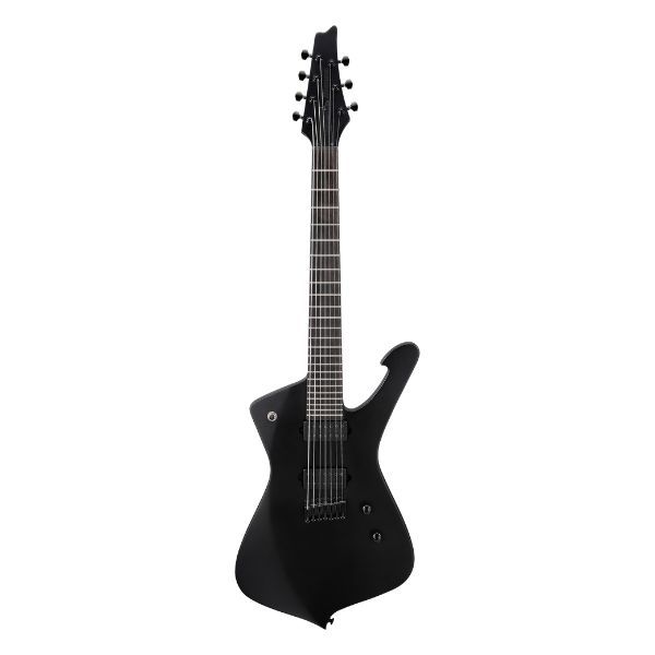 Full body image of a 7-string Ibanez ICTB721-BKF Iceman electric guitar in black flat, showing the unique body shape and hardware.