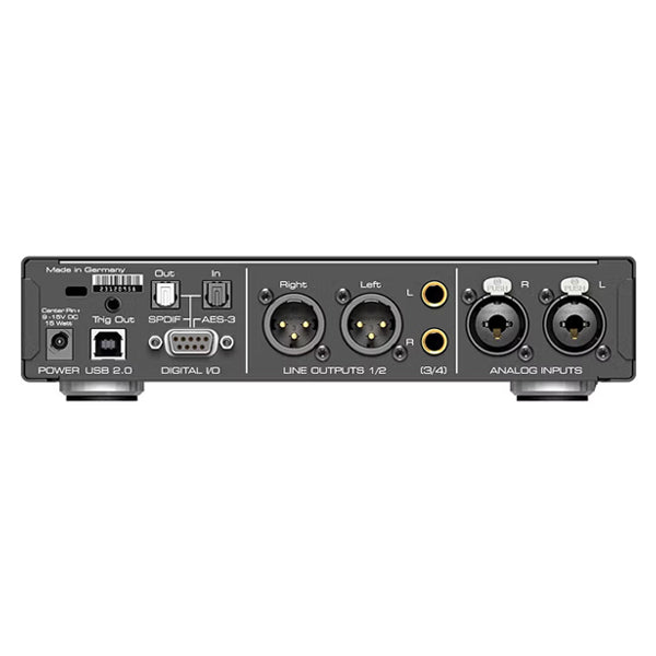 Back panel of a RME ADI-2/4 Pro SE with various connectors on a white background