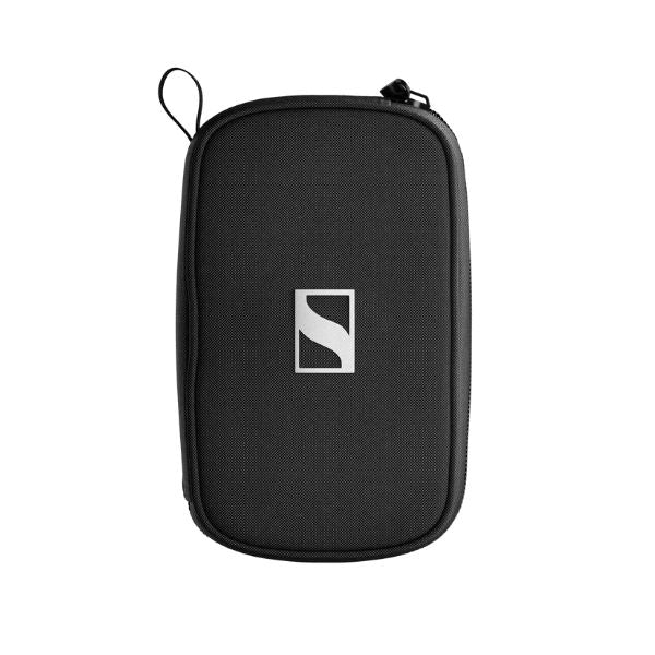 Black carrying case with a logo on a white background