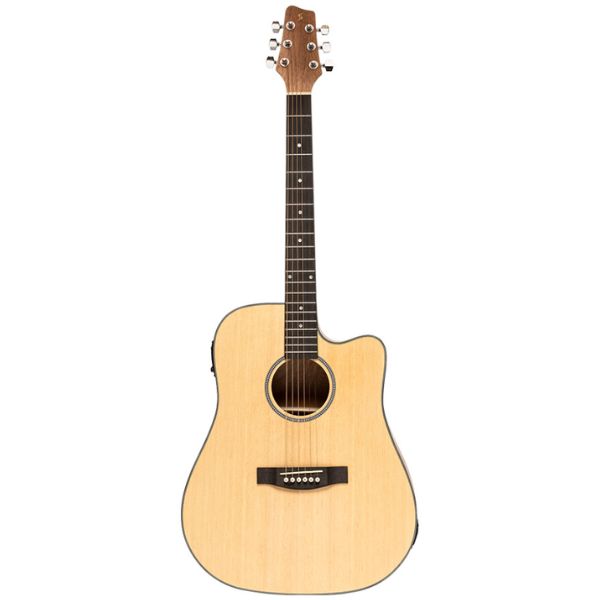 A natural coloured acoustic guitar with a cutaway design