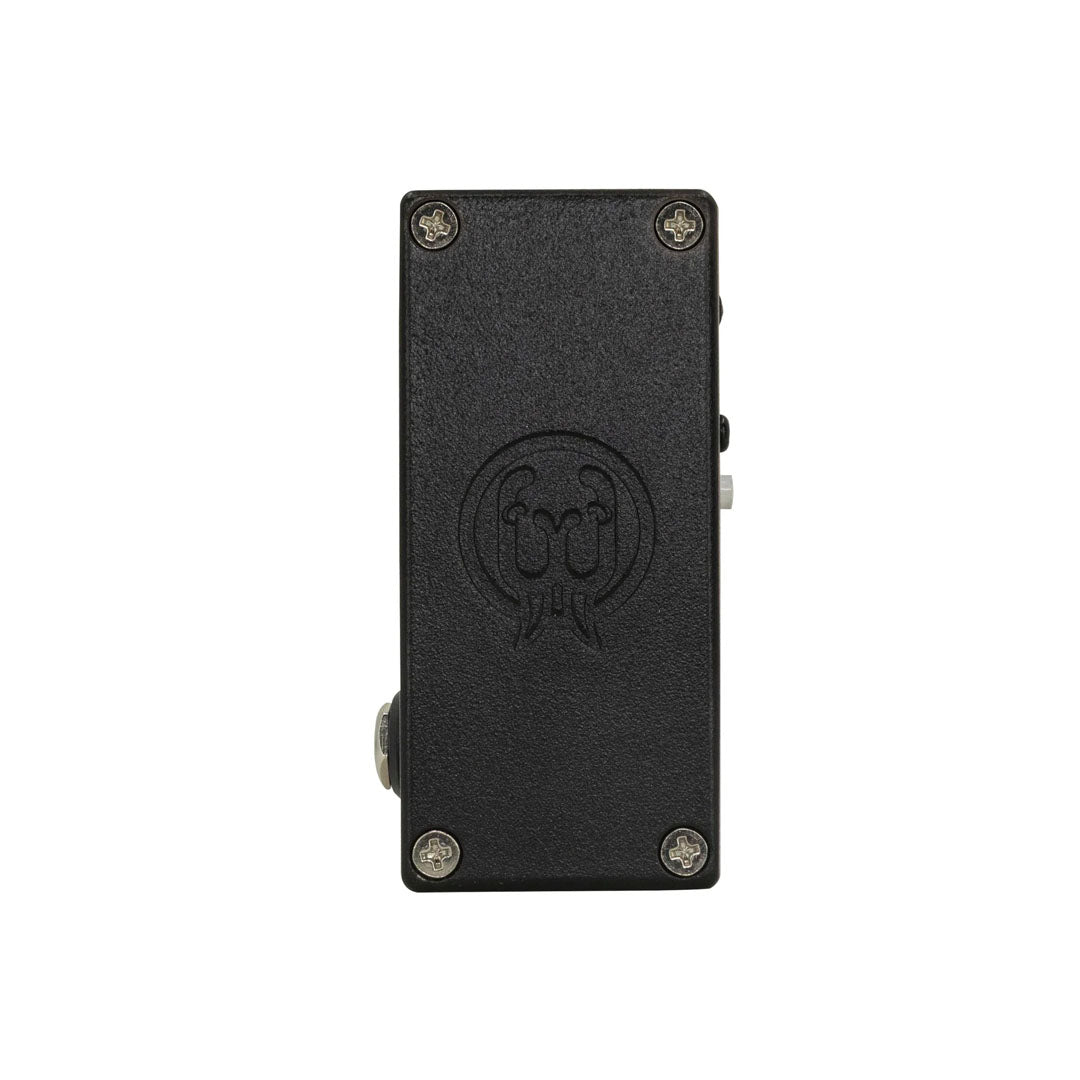 Black guitar effects pedal with a logo on a white background