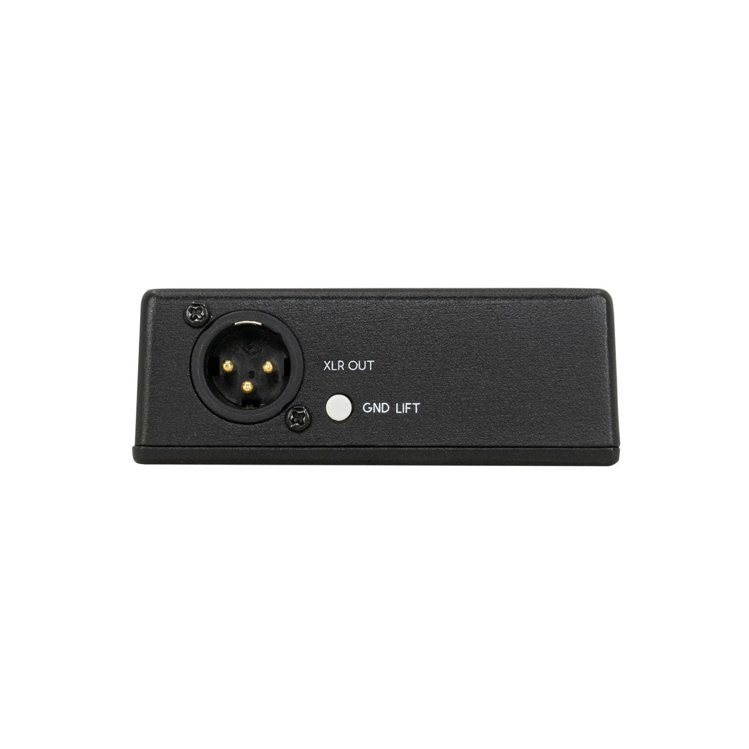 Black audio interface with XLR output on a white background