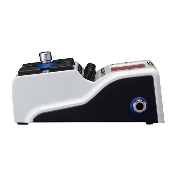 Guitar effects pedal with white body, black accents, and blue and red elements on a white background