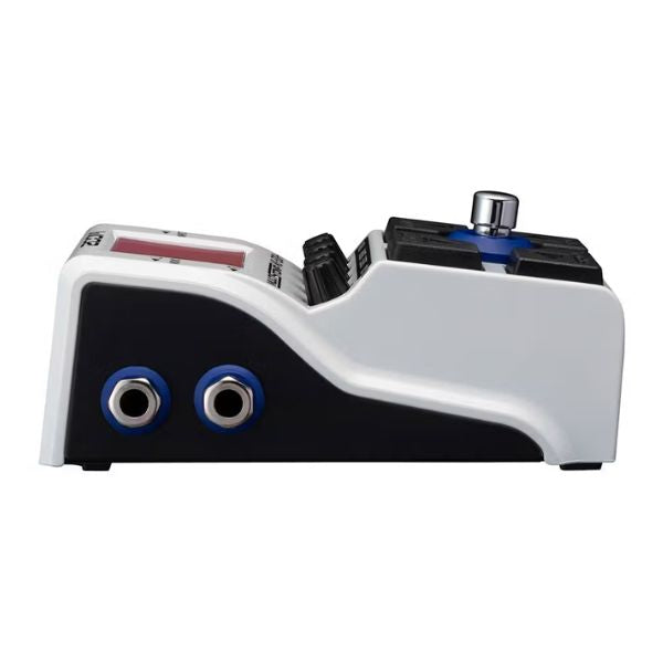 Guitar effects pedal with two jacks and a control knob on a white background