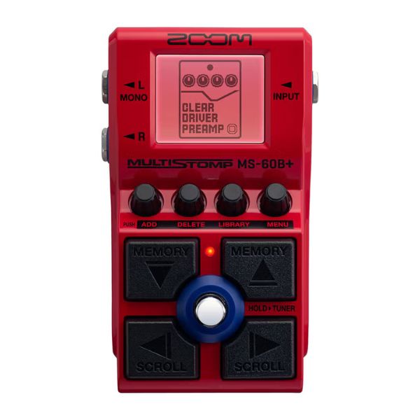 Red guitar effects pedal with black buttons on a white background