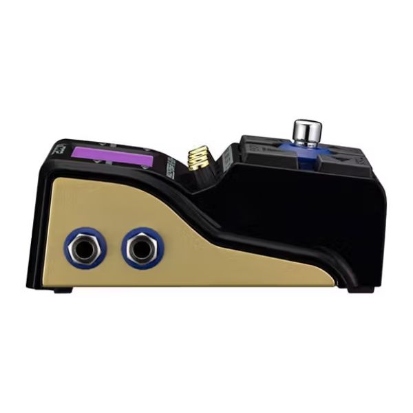 Guitar effects pedal with multiple ports on a white background