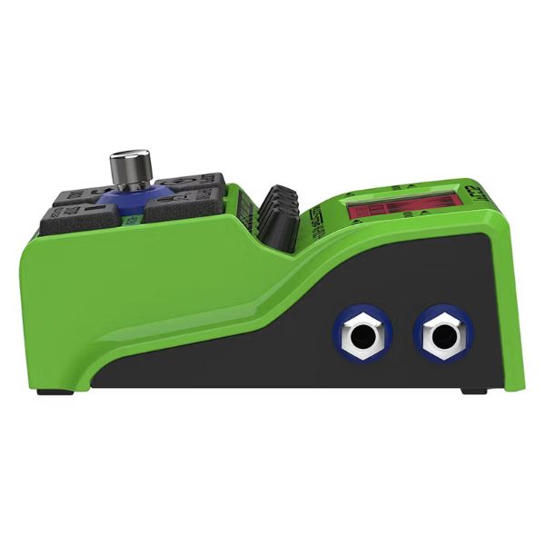 Green and black electronic device with a digital display on a white background