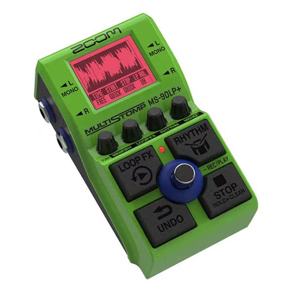 Green Zoom MultiStomp MS-90LP+ effects pedal with digital display on a white background