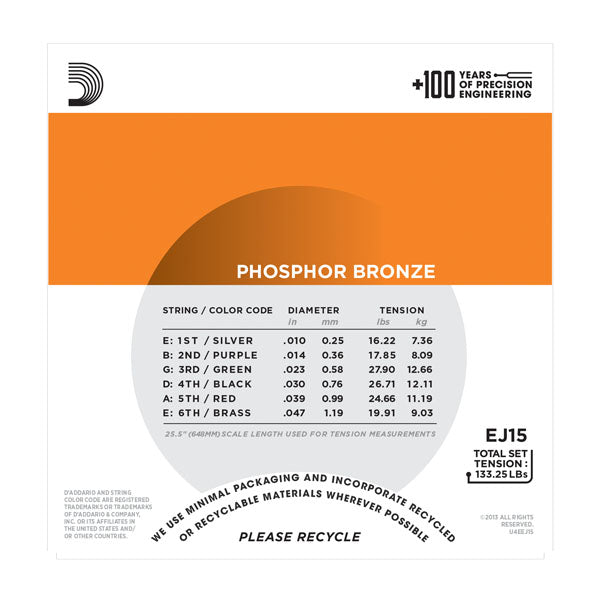 D'Addario EJ15 Phosphor Bronze Acoustic Guitar Strings, Extra Light, 10-47