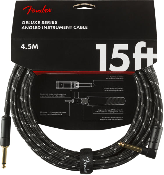 Fender Deluxe Series Instrument Cable 15ft - Black Tweed (Straight - Right-Angle)