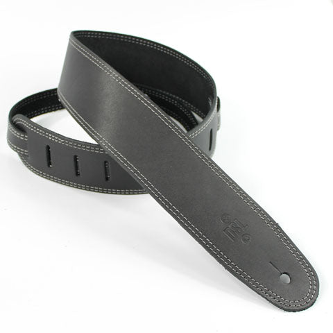 DSL Black Leather Guitar Strap with Grey Stitch