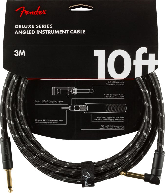 Fender Deluxe Series Instrument Cable 10ft - Black Tweed (Straight - Right-Angle)